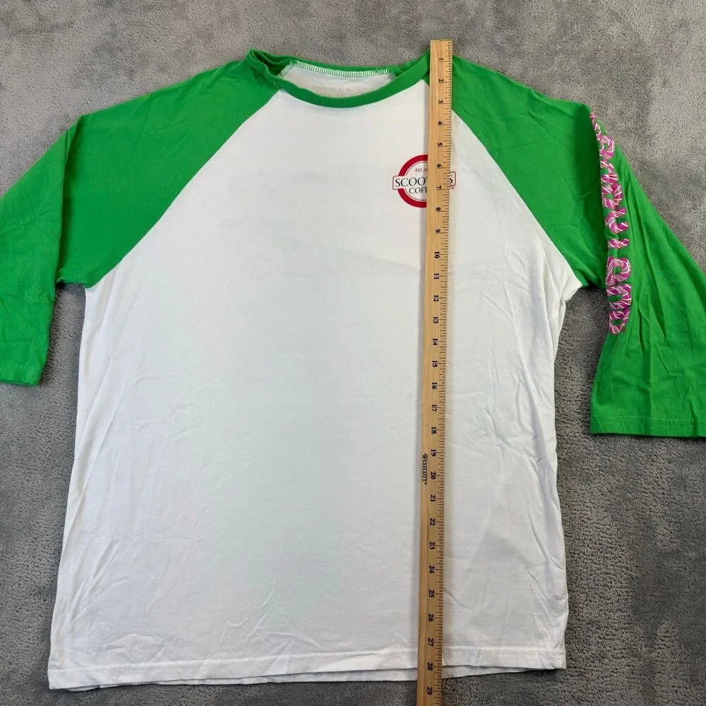 Scooters Coffee Shirt Unisex XL Green White 3/4 Raglan Baseball Candyland Promo